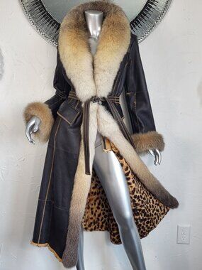 FOCE~ITALY~S/M~BLACK GENUINE LEATHER REAL FOX FUR RABBIT LEOPARD TRENCH COAT